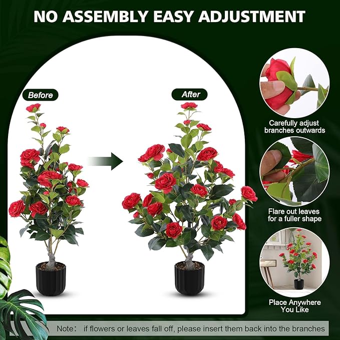 Hananona 2 Pcs Artificial Camellia Trees Faux Camellia Plant in Pot with Flowers Indoor Plants for Spring Home Decor Outdoor Porch Front Door Decor (Red, M)