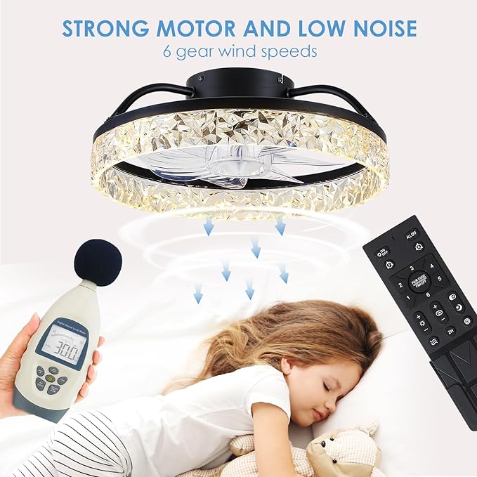 Ceiling Fans with Lights and Remote/APP Control, Modern Dimmable Low Profile Ceiling Fan, Flush Mount Bladeless Ceiling Fan, 16" Memory Function Forward Reverse and 6 Speeds - Black