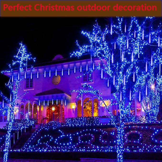 Kwaiffeo Blue Icicle Christmas Lights Outdoor, 16 Tubes(Equivalent to 2 Sets of 8-Tubes) LED Meteor Shower Lights for Xmas Halloween Decor Yard Lawn, Outdoor Lighted Christmas-Themed Ornaments