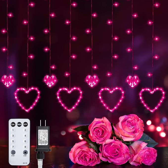 Valentines Day Decor, Pink Love Heart String Lights for Bedroom, 12 Hearts 138 LED Fairy Twinkle Lights with Remote, 8 Lighting Modes Connectable Window Lights for Valentine's Day Wedding Home Decor