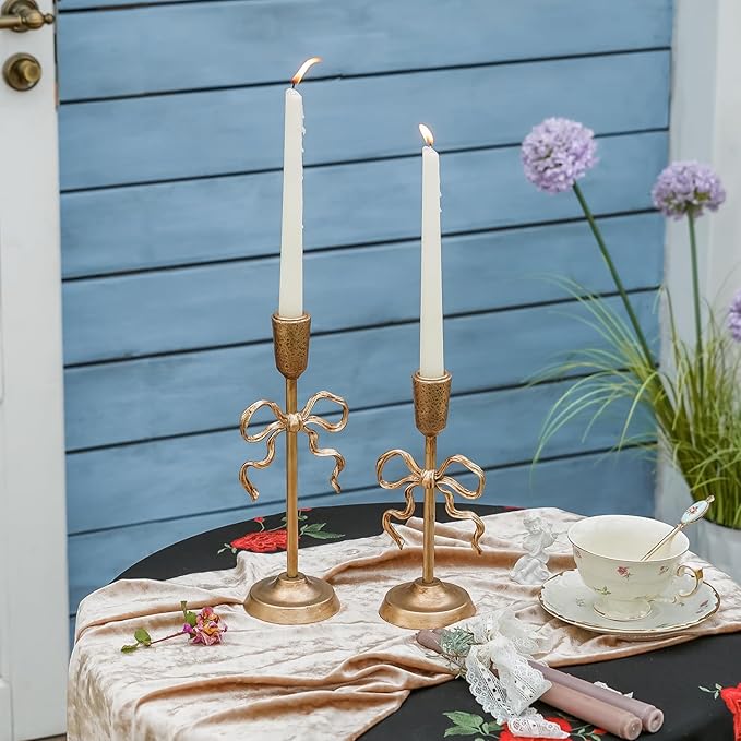 NIKKY HOME Gold Bow Iron Taper Candle Holders Set of 2, Vintage Decorative Tall Candlesticks Centerpieces Decor for Dining Room Table Wedding Party Mantle Fireplace Housewarming Gift