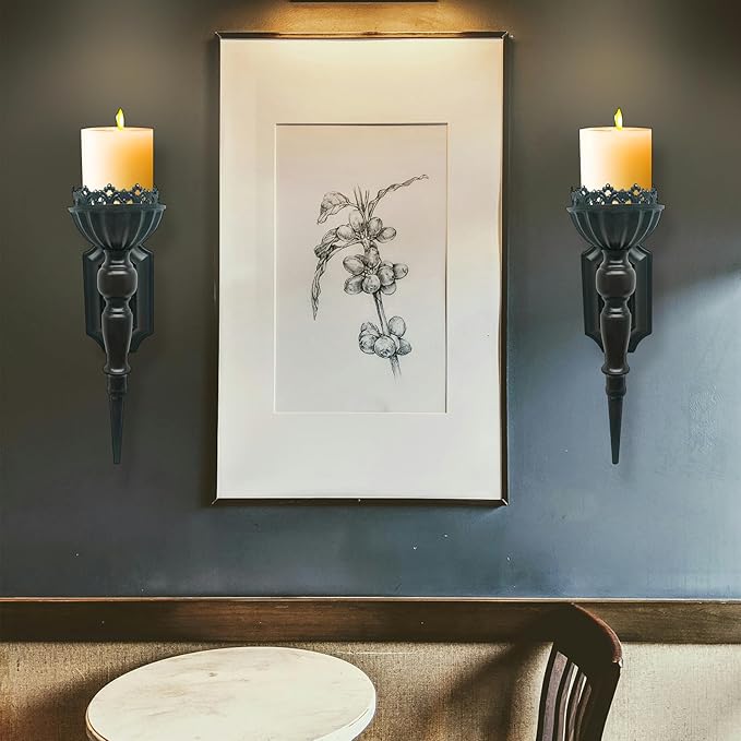 Gothic Wall Candle Sconces Set of 2 - Black Wall Mounted Candle Holders - Halloween Decor for Indoor Living Room Bathroom