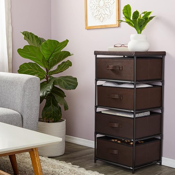 Juvale 4-Tier Closet Organizers & Storage Dresser - 16.5 in L x 13 in W x 33 in H, Dark Brown, Modern - Fabric Drawers for Bedroom Storage & Closet - Metal Frame Clothes Dresser for Narrow Spaces