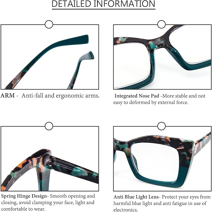 REAVEE Oversized Square Reading Glasses Oprah Style for Women, Blue Light Blocking Large Frame Computer Readers Spring Hinge