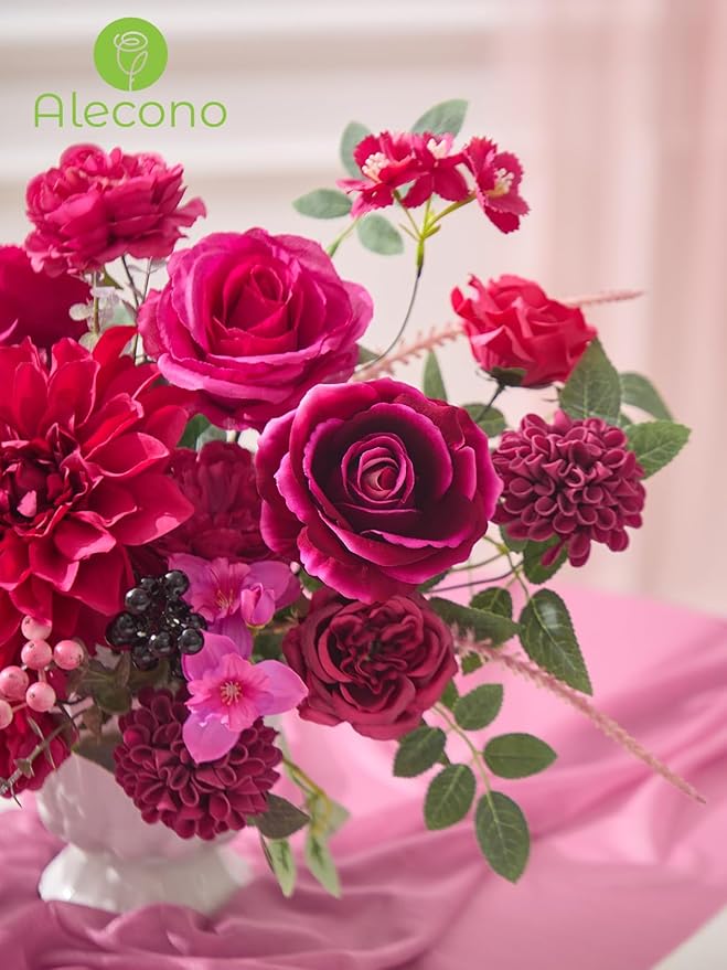 Alecono Artificial Flowers, Hot Pink Fake Flowers for DIY Wedding Bouquets, Bridal Baby Shower, Home Decor, Centerpieces for Table Decorations