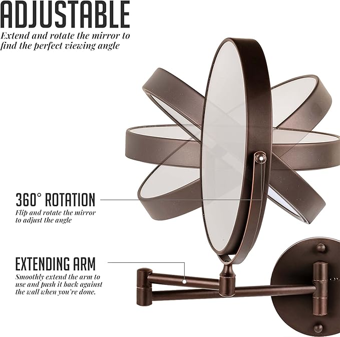 OVENTE 9" Wall Mounted Makeup Mirror with 1X/7X Magnification, Double Sided Magnifying Round Bathroom Vanity Mirror, 360° Swivel Design, Extendable and Folding Arm, Antique Bronze MNLFW90ABZ1X7X
