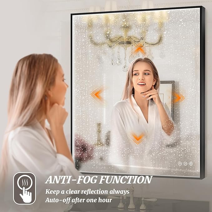 36x36 Inch LED Bathroom Mirror, Black Metal Framed Lighted Mirror for Bathroom, Wall Mouted LED Vanity Mirror with Lights, 3 Colors and Stepless Dimmable, Anti-Fog, Memory