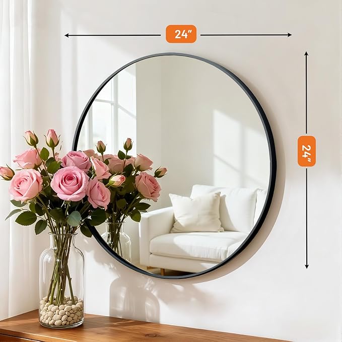 Sweetcrispy Round Bathroom Mirror 24 Inch Black Metal Framed Wall Mounted Circle Vanity Mirror for Bathroom, Bedroom, Living Room, Entryway, Anti-Rust, Modern Decorative, Hanging or Leaning