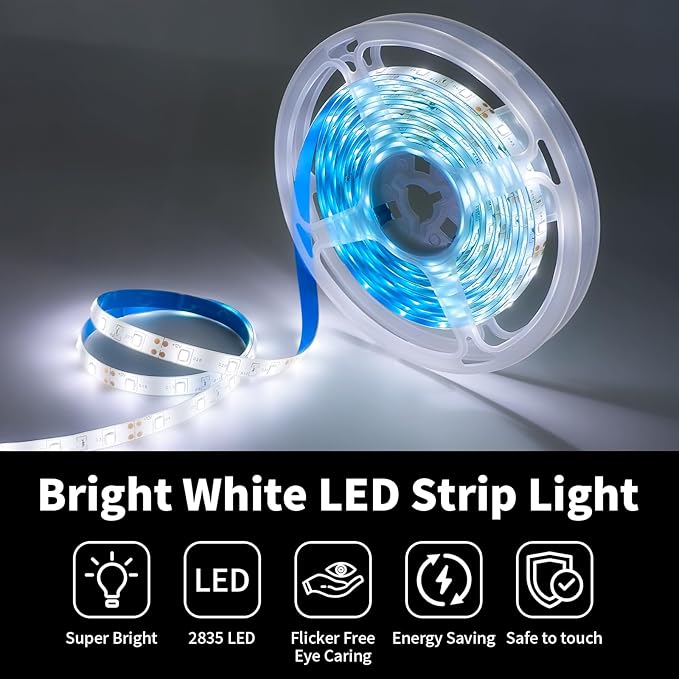 iNextStation 12V LED Light Strip White, 16.4ft/5m LED Strip 6000K IP65 Waterproof Cuttable SMD2835 300LEDs Tape Flexible Led Lights for Bedroom Cabinet Kitchen Decor (Power Adapter not Included)