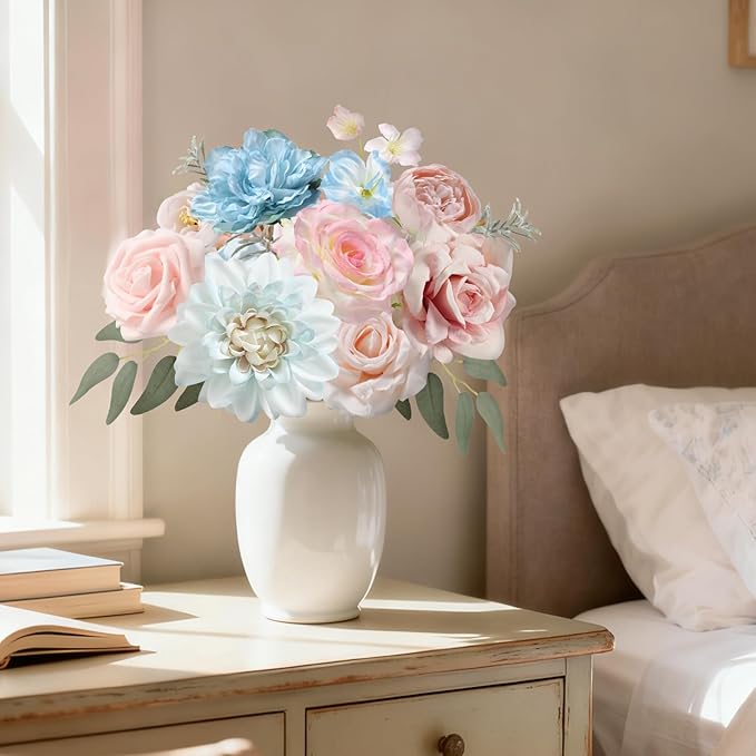 Artificial Flowers Combo Box Set Silk Flowers Fake Rose for DIY Floral Arrangements Wedding Bouquets Centerpieces Baby Shower Party Home Decorations (Blue Pink)