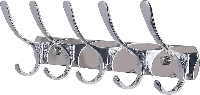 SKOLOO Modern Metal Wall Coat Rack with 5 Hooks, Sturdy Wall Hook Rack for Hanging Jacket, Clothes, Hat, Silver
