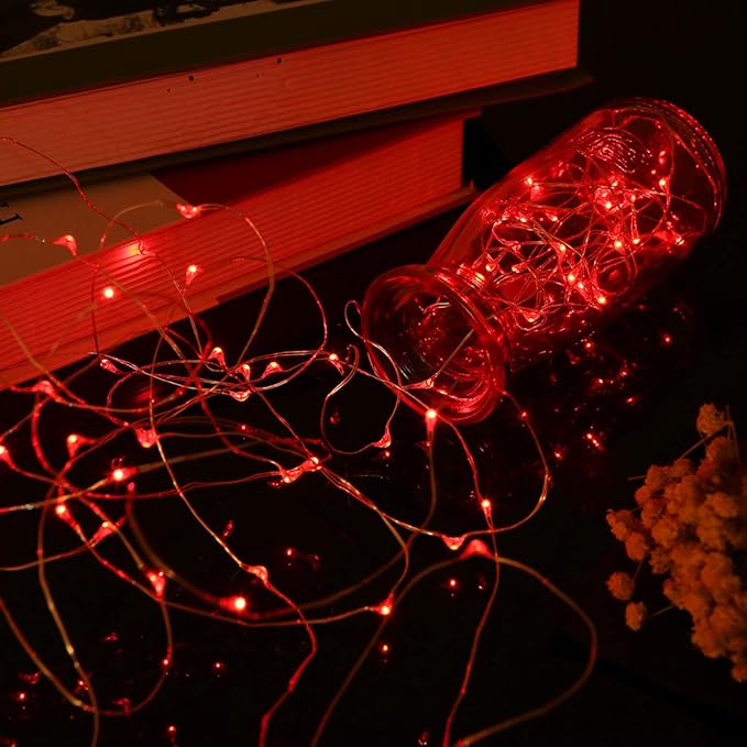 Mikasol Fairy Lights Battery Operated, 1 Pack Mini 3*AAA Battery Powered Copper Wire Led Starry String Lights Firefly Lights for Bedroom, Christmas, Parties, Decoration (5m/16ft Red)