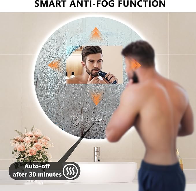 24'' Circle LED Mirror, Frameless Round Smart Mirror with Backlit & Half Moon Light, Anti-Fog, 3 Color Modes, Dimmable Wall-Mounted LED Vanity Mirrors for Bathroom, Bedroom, Entryway