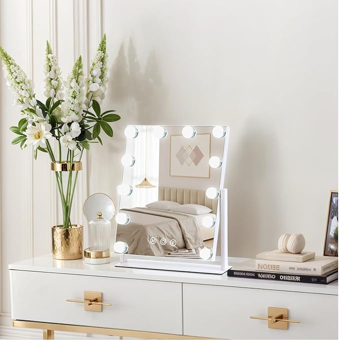 Vanity Mirror with Lights, 13'' x 11'' Lighted Makeup Mirror for Desk, Hollywood Mirror with 12 Dimmable Bulbs, 3 Color Modes, Smart Touch Control, 360°Rotation