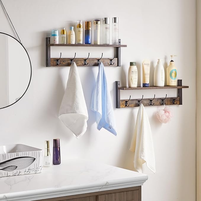 YMYNY Coat Rack Wall Mount with Shelf, 2 Pack 23.6" Coat Hooks Coat Hanger Wall Mount, Wall Hooks for Hanging, Hat Rack for Wall, Towel Hooks for Bathrooms, Rustic Brown UHWS004H-2
