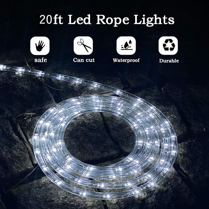 LED Rope Light, 20Ft LED Strip Lights Outdoor Waterproof Decorative Lighting for Indoor/Outdoor Decorations, Deck, Patio, Party and Bedroom Decorations (Cold White)