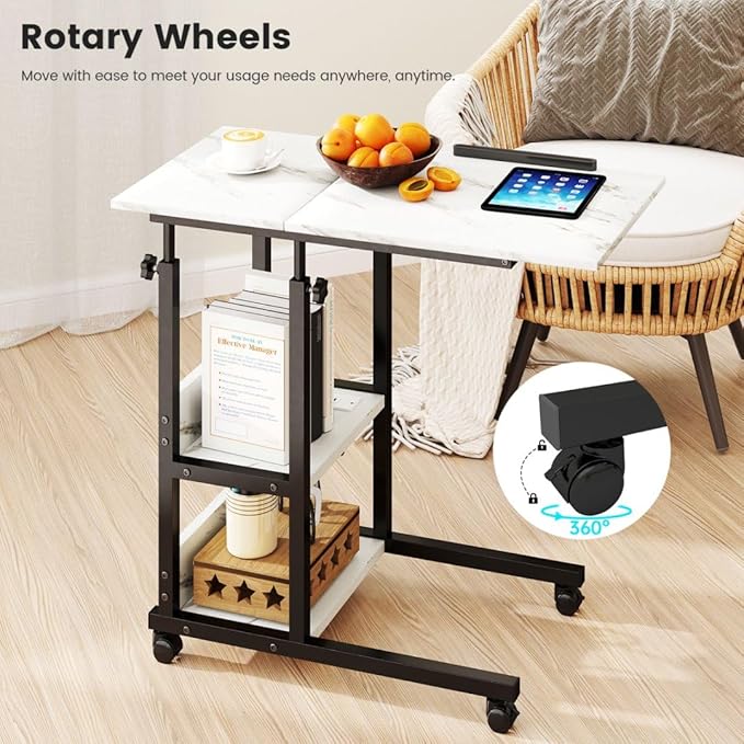 Hadulcet Adjustable C Table with Charging Station, Tiltable Desk C Shaped End Table for Couch, Over Bed Table with Wheels Adjustable Height, Hospital Table Laptop Stand Drawing Desk, Marble White