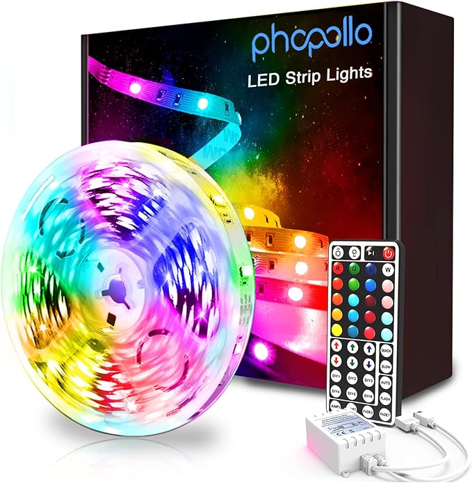 phopollo Led Strip Lights Color Changing 16.4ft Flexible 5050 RGB Led Lights Kit with Power Supply and 44 Keys Remote