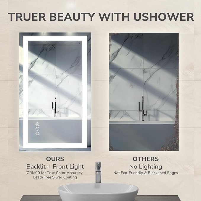 USHOWER LED Bathroom Mirror 24x32 Inch with Lights - Frameless Tempered Glass LED Backlit Lighted Mirror for Bathroom Vanity with Anti-Fog, 3 Colors Dimmable, Memory Function, Wall-Mounted