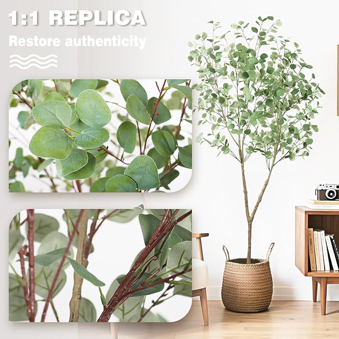 Faux Eucalyptus Tree 7ft(82in) Artificial Potted Tree for Indoor Decor Large Realistic Potted with Silk Leaves and Natural Wood Trunk for Home Living Room,Office Foyer,Porch Decor.
