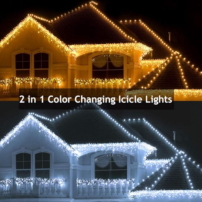 Toodour Christmas Icicle Lights Outdoor, 2 in 1 White & Warm White Color Changing Icicle Lights with 60 Drops, 29.5ft 360 LED Christmas Light Fairy Twinkle Light for Wedding Home Outdoor Xmas Decor