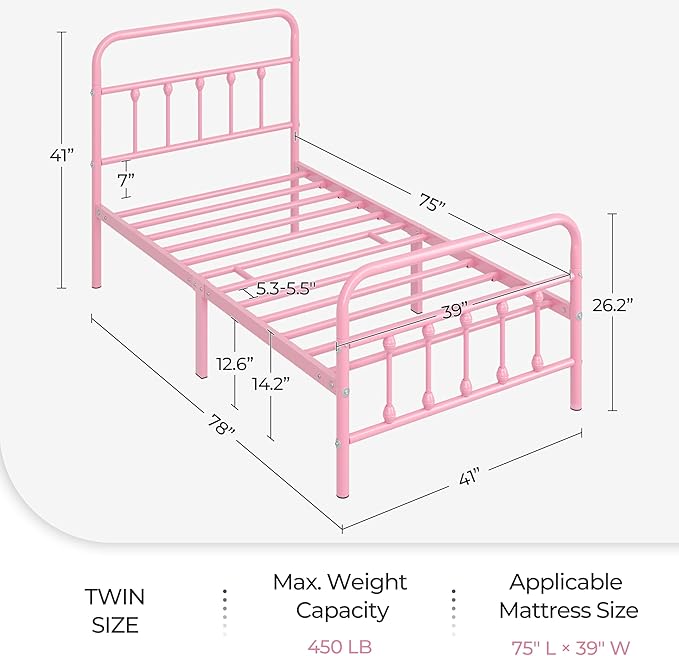 Yaheetech Classic Metal Platform Bed Frame Mattress Foundation with Victorian Style Iron-Art Headboard/Footboard/Under Bed Storage/No Box Spring Needed/Twin Size Pink