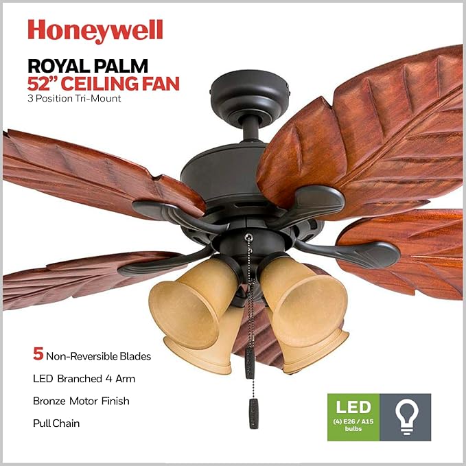 Honeywell Ceiling Fans Royal Palm, 52 Inch Tropical LED Ceiling Fan with Light, Pull Chain, Three Mounting Options, Hand Carved Solid Wood Blades - Model 50503-01 (Bronze)