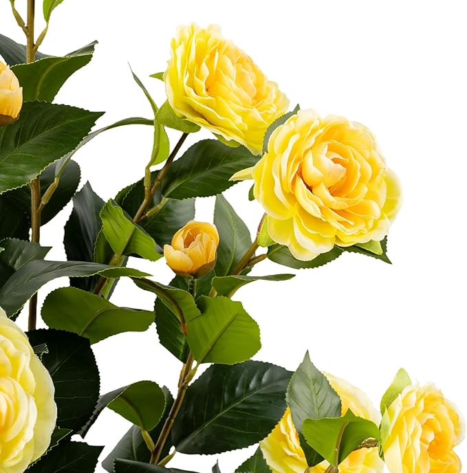 Artificial Camellia Tree 2 Pack, Artificial Plants Outdoor Faux Plant in Cement Pot Fake Yellow Silk Camellia Tree Plants for Home House Living Room Office Decor (Yellow (2 Pack))