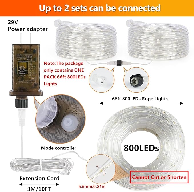 OMIKA Connectable 66FT 800 LED Rope Lights Outdoor, Warm White Rope Light Plug in, Outdoor String Light Waterproof Decorative Lighting for Deck Patio Yard Garden Pathway Camping Room Indoor Decor
