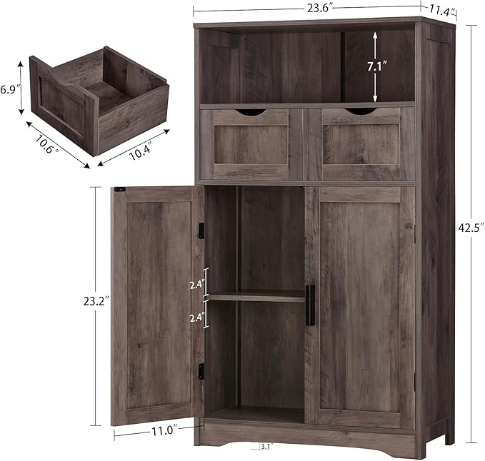 Iwell Storage Cabinet with Adjustable Shelf, Bathroom Cabinet with Doors, Cupboard, Kitchen Pantry Cabinet, Floor Cabinet for Living Room, Home Office, Dark Gray