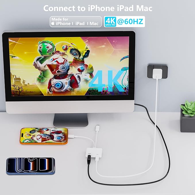 [Apple MFi Certified] Lightning and USB-C to HDMI Adapter for iPhone ipad to TV, 4K@60 Hz Sync Screen Apple to Digital AV Adapter for MacBook iPhone 17/16/15/14/13/12 to TV/Projector/Monitor