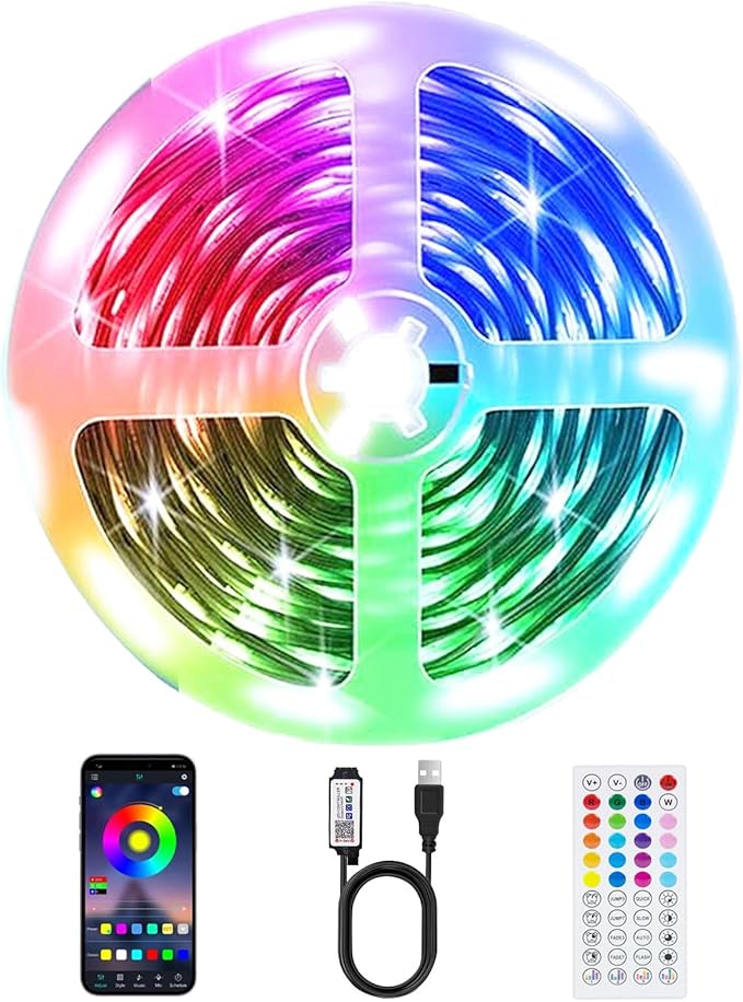 LED Strip Lights, 50ft Smart RGB Music Sync Bluetooth App & Remote Control, USB-Powered LED Lights for TV, Gaming, Bedroom, PC, Home Theater,Parlor,Room