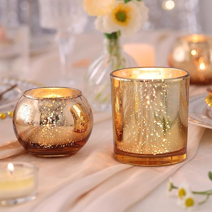 20 Pcs Assorted Gold Votive Candle Holders Bulk, Larger Size Mercury Glass Votives with Round Candle Holder for Wedding Decorations, Tealight Candle Holder for Gold Party Table Centerpieces