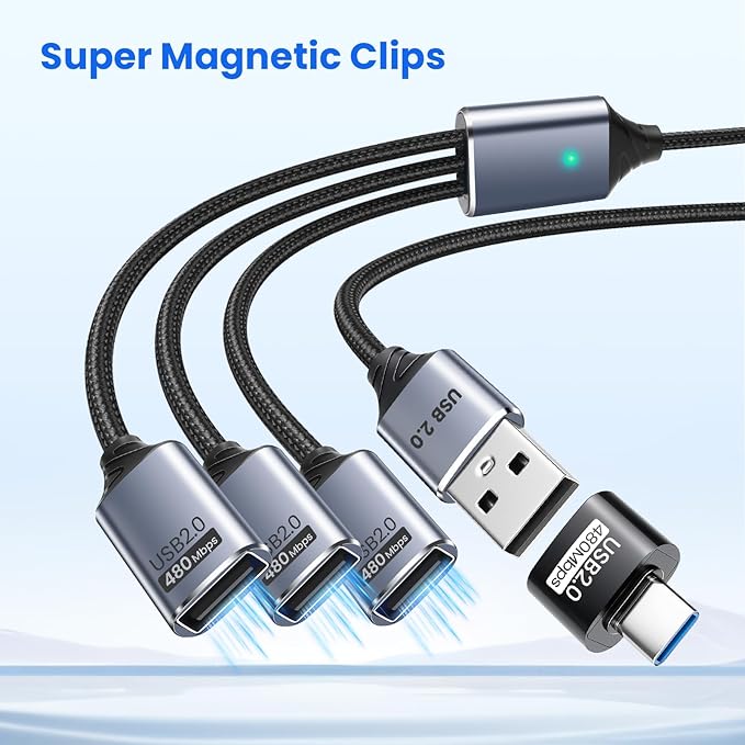USB Splitter 3 Port with USBC Adapter for Laptop, 1 in 3 Out Extension Cable, Data and Power Cable Compatible with PC Keyboard Mouse Mac Flash Drive PS4 PS5 Printer