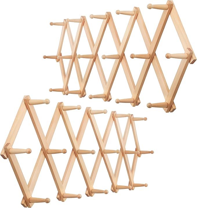 WEBI Accordion Wall Hanger,Expandable Wooden Coat Rack,Accordion Hat Rack for Wall for Hats,Caps,16 Peg Hooks,Natural,2 Packs