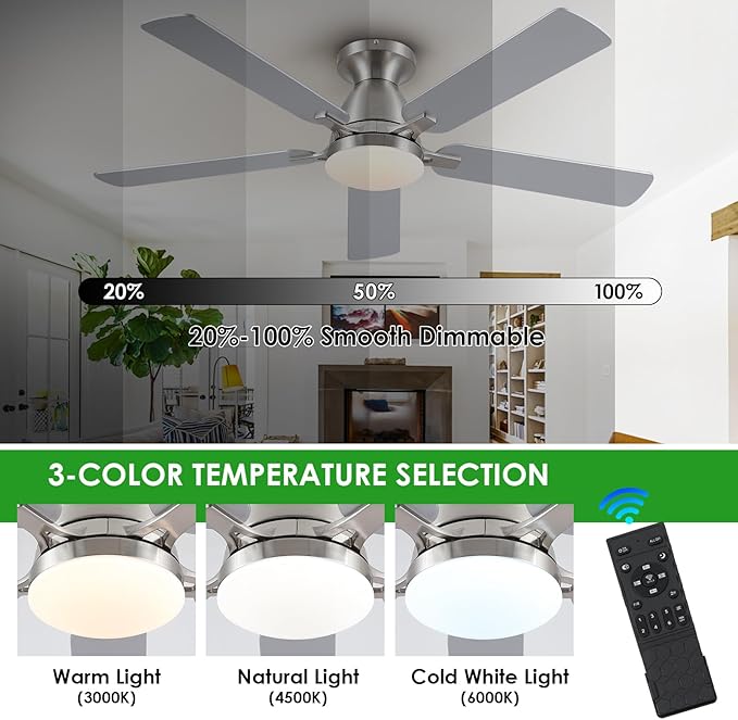 Ceiling Fans with Lights, 52" Flush Mount Ceiling Fan with Light and Remote/APP Control, Low Profile, Modern Ceiling Fan Reversible, Dimmable, Noiseless, Ceiling Fan for Bedroom，Brushed Nickel