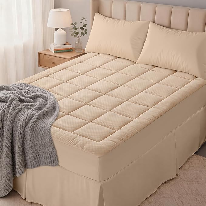 OLANLY Full Quilted Fitted Mattress Pad – Soft Pillow Top Mattress Topper, Down Alternative Fill, Cooling Comfort Breathable Mattress Cover, Machine Washable Deep Pocket Mattress Protector, Beige