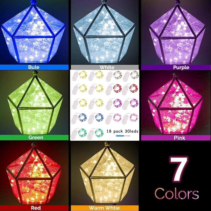 YJFWAL 18 Pack Fairy String Lights(Batteries Included) 10.2FT 30LEDs Waterproof Copper Wire Firefly Light Mini Starry Moon Lights for DIY Wedding Party Mason Jars Christmas Tree Gift Deco (7 Colors)