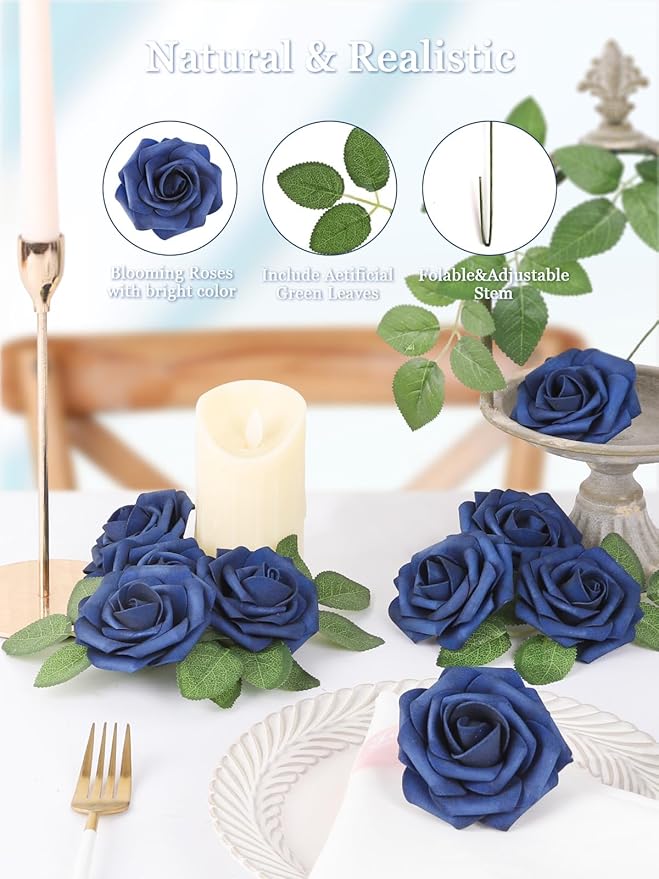 MACTING Artificial Flower Roses 60PCS Real Touch Fake Flowers with Stem Navy Blue Foam Roses for DIY Wedding Bouquet Table Centerpieces Party Holiday Home Indoor Outdoor Spring Mothers Day Decorations