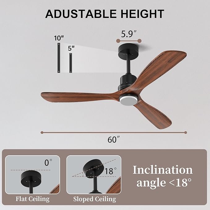 Obabala 60in Ceiling Fan with Light and Remote Outdoor Ceiling Fans Modern 3 Wood Blade Ceiling Fans Timer Reversible Silent DC Motor for Patios Farmhouse Bedroom