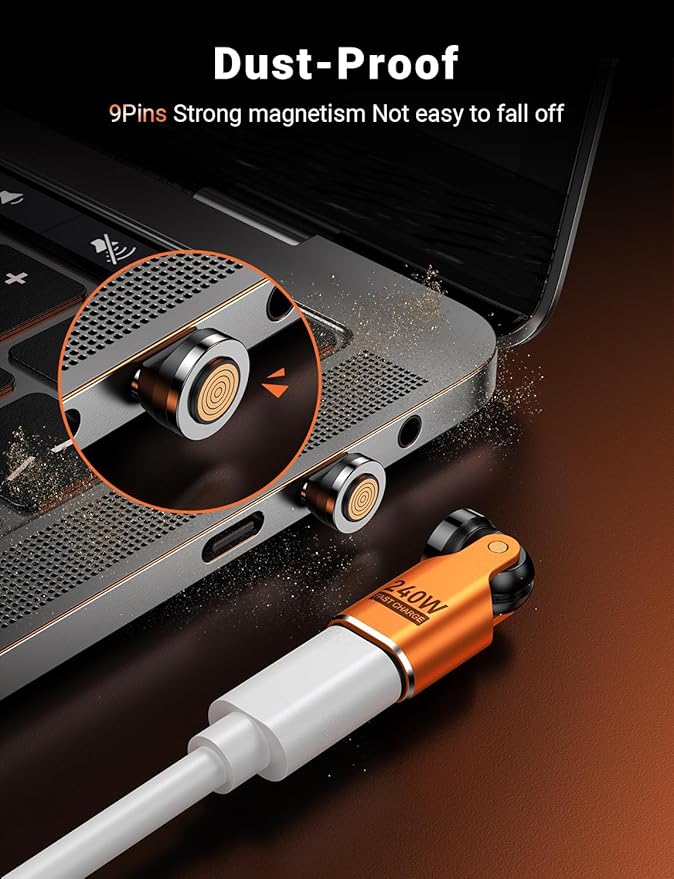 USB C Magnetic Adapter PD 240W(2Pack), 9PIN USB C 90 Degree Adapter/C Right Angle Adapter/180 Degree USB Connector/C to C Adaptor for 1Phone 16/15 Series, Ma-Book Pro/1Pad Series (Orange, 2 Pack)
