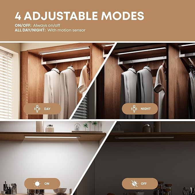 Under Cabinet Kitchen Lights, Motion Sensor Dimmable 30cm 2200mAh 6500K LED Under Counter Rechargeable Wardrobe Indoor Night Lights for Kitchen Shelf Stairs Closet 2 Pack