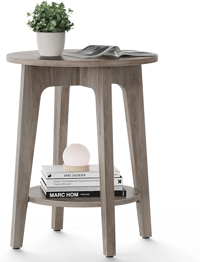 VASAGLE MAEZO Collection - Side Table, 2-Tier Small Round End Table, Nightstand with Tapered Legs, Curved Transitions, for Small Spaces, Living Room, Bedroom, Heather Greige ULET283T02