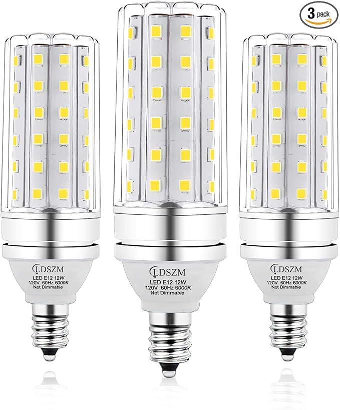 E12 LED Corn Light Bulbs, 12W Equivalent 100W, 1200 Lumen 6000K Cool Daylight White, Non-Dimmable Candelabra Base Chandelier Lights, Pack of 3