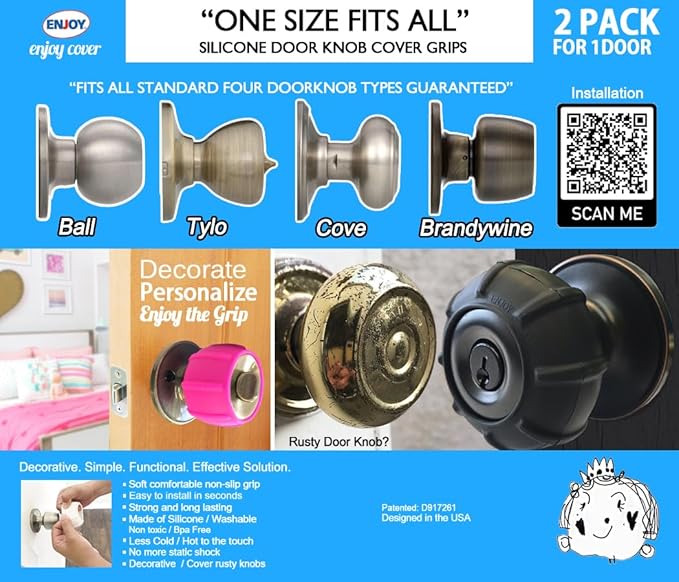 Enjoy Cover - 2 Pack Silicone Door knob Grips Maximum Grip Nonslip Arthritis & Senior Living Aids Grippy Easy Open Fits All Door Knob Universal Size Decorative (White)