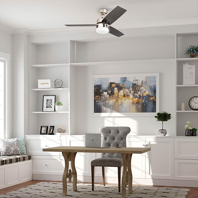 Prominence Home Reston, 42 Inch Modern Farmhouse LED Ceiling Fan with Light, Pull Chain, Dual Mounting Options, Dual Finish Blades, Reversible Motor - 51014-01 (Brushed Nickel)