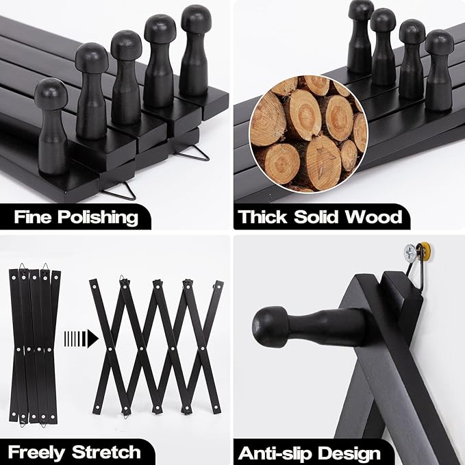 Wall Rack with 14 Hooks, Wooden Wall Expandable Coat Rack for Coat, Hats, Baseball Caps, Coffee Mug, Jewelry(Black)