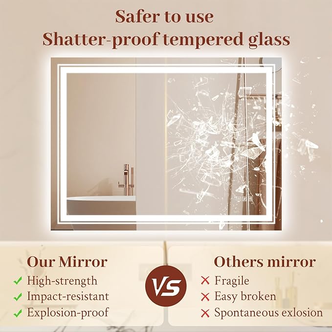 48x36 LED Mirror for Bathroom with Front and Backlit Light Up Digital Mirrors for Wall,Anti Fog,Stepless Dimmable,Tempered Silver Glass Smart Vanity Mirror for Bathroom