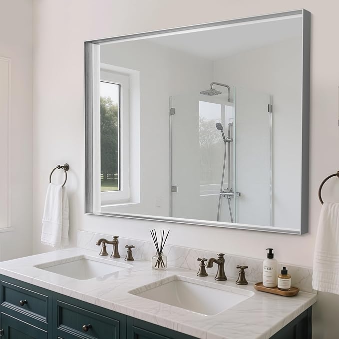 Suidia Bathroom Mirror, 30" x 40" Wall Mirror Metal Framed, Bathroom Vanity Mirror for Living Room Bedroom Bathroom Entryway, Silver, Rect Corner Style