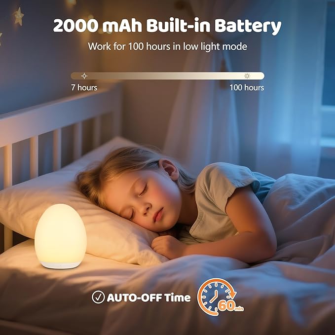 MediAcous Night Light for Kids, Baby Egg Light for Nursery, 7 Colors Changing & Stepless Dimming, Soft Silicone Touch Night Lamp with 1 Hour Timer, Rechargeable Nursery Night for Breastfeeding